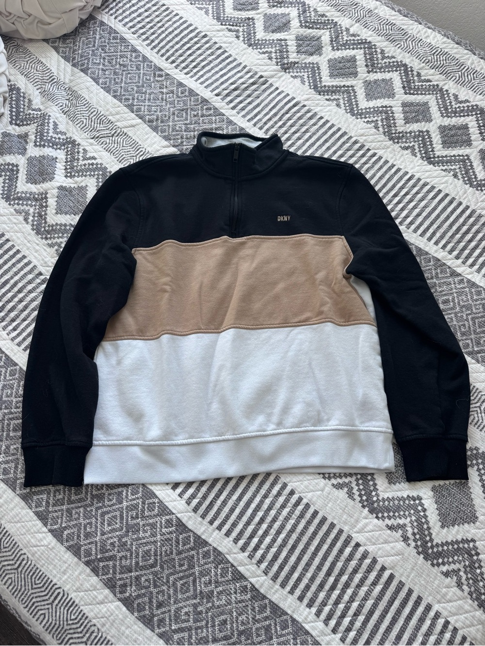 DKNY Colorblock Quarter Zip Pullover Sweatshirt Black Tan Large